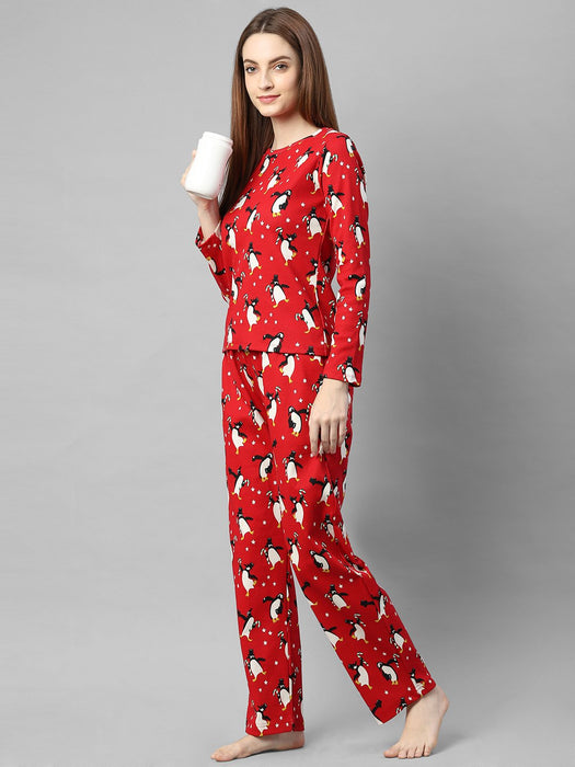 Red Printed Full Sleeve Night Suit