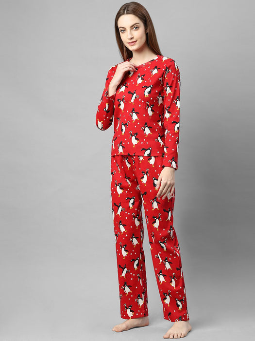 Red Printed Full Sleeve Night Suit