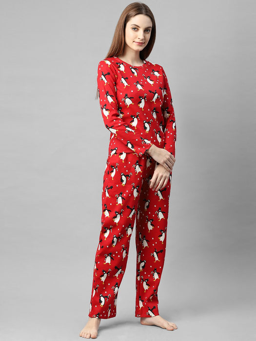 Red Printed Full Sleeve Night Suit