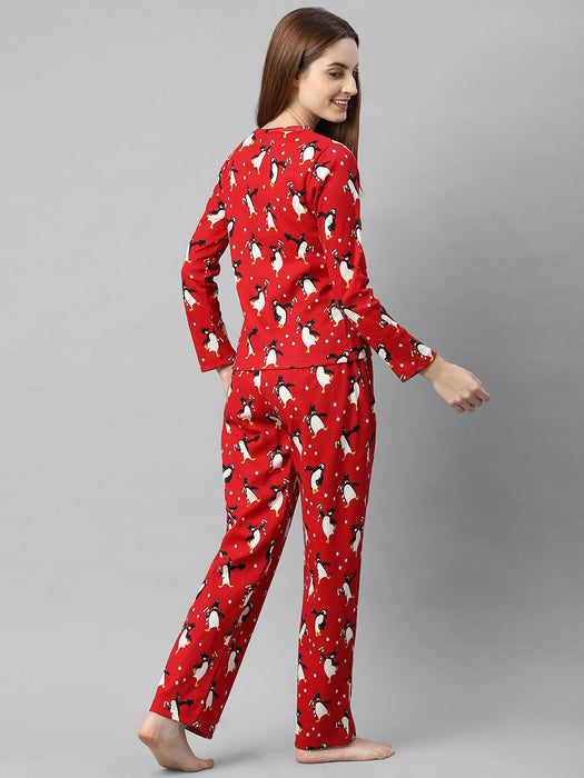 Red Printed Full Sleeve Night Suit