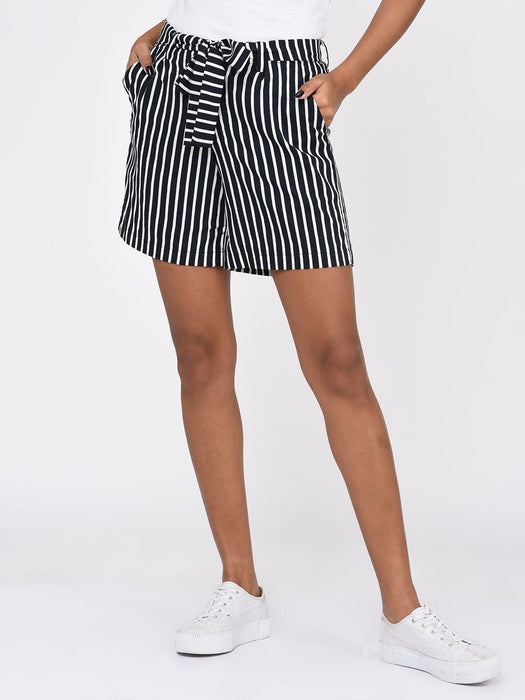 Navy Blue and White Stripe Shorts with Tie Belt for Women