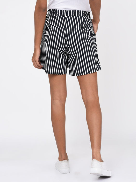 Navy Blue and White Stripe Shorts with Tie Belt for Women