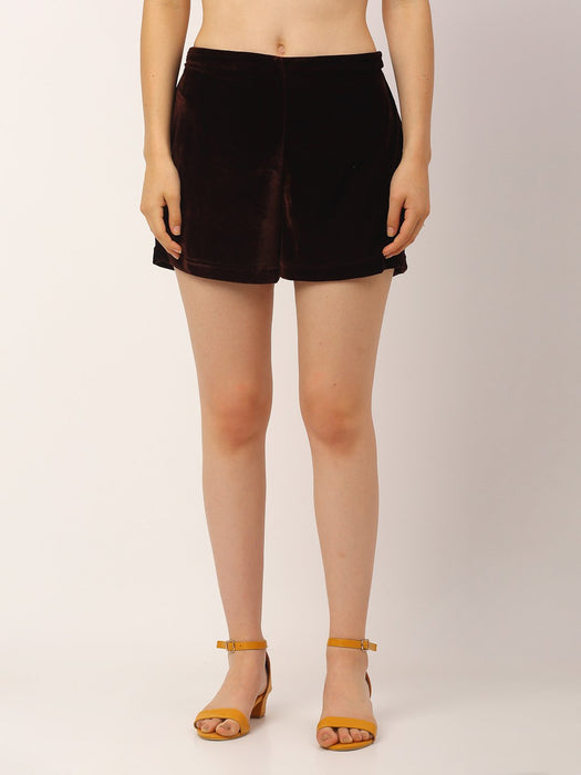 Maroon Velvet High Waist Shorts