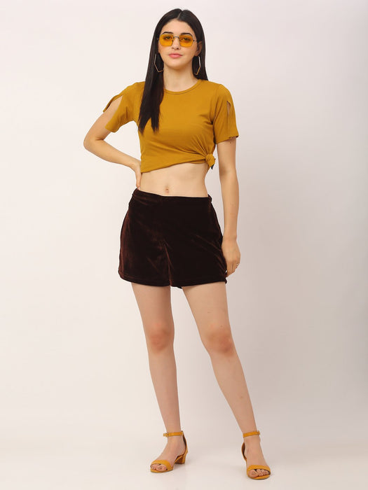 Maroon Velvet High Waist Shorts