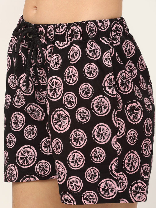 Black All Over Printed Cotton Knitted Shorts