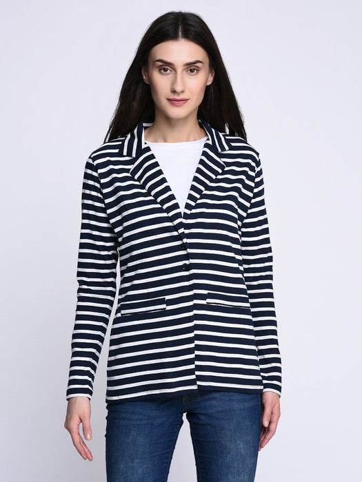 Navy Blue Striped Jacket for Women