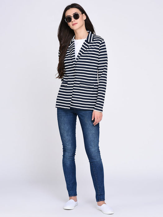 Navy Blue Striped Jacket for Women