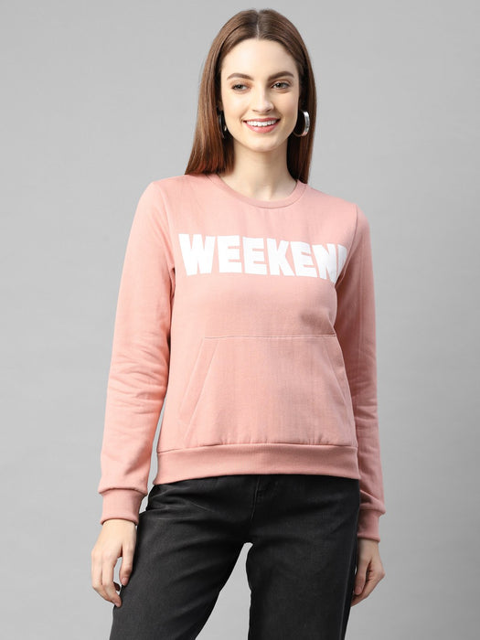 Peach Typography Print Round Neck Fleece Sweatshirt