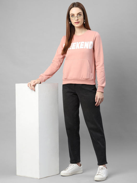 Peach Typography Print Round Neck Fleece Sweatshirt