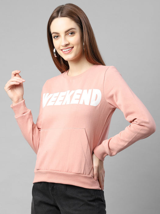 Peach Typography Print Round Neck Fleece Sweatshirt