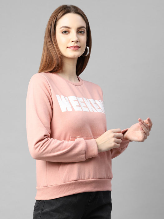 Peach Typography Print Round Neck Fleece Sweatshirt