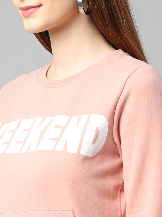 Peach Typography Print Round Neck Fleece Sweatshirt