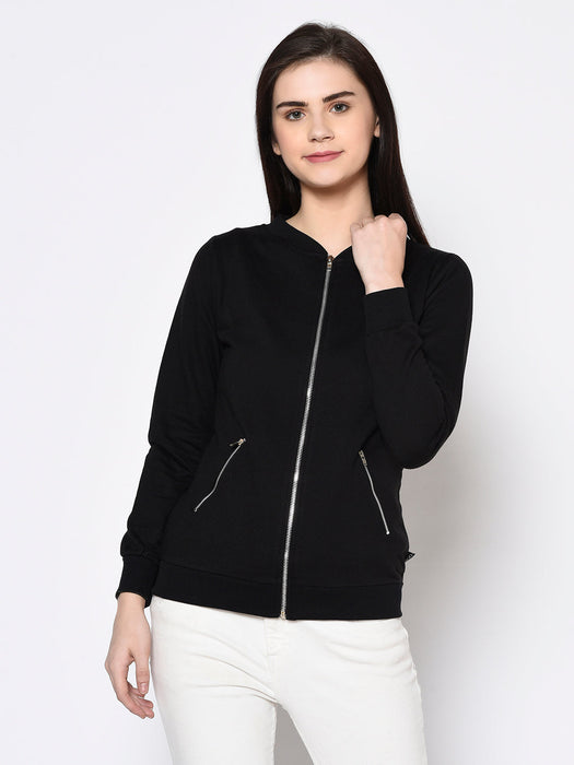 Stand Collar Full Sleeve Zip-up Fleece Bomber Jacket