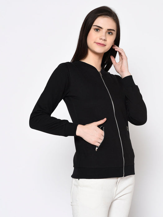 Stand Collar Full Sleeve Zip-up Fleece Bomber Jacket