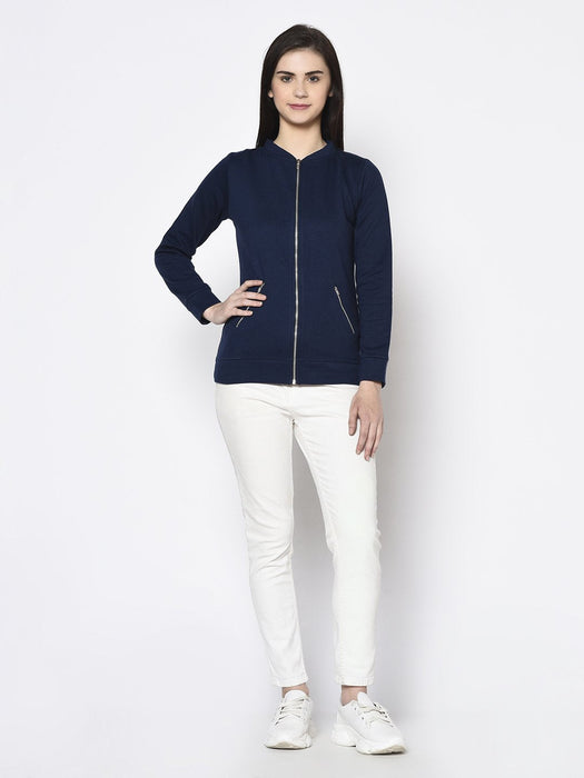 Stand Collar Full Sleeve Zip-up Fleece Bomber Jacket