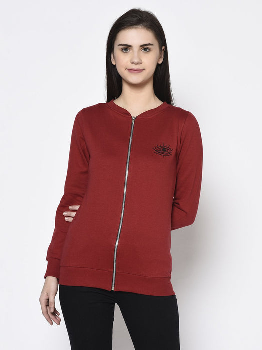 Maroon Stand Collar Full Sleeve Zip-up Fleece Bomber Jacket