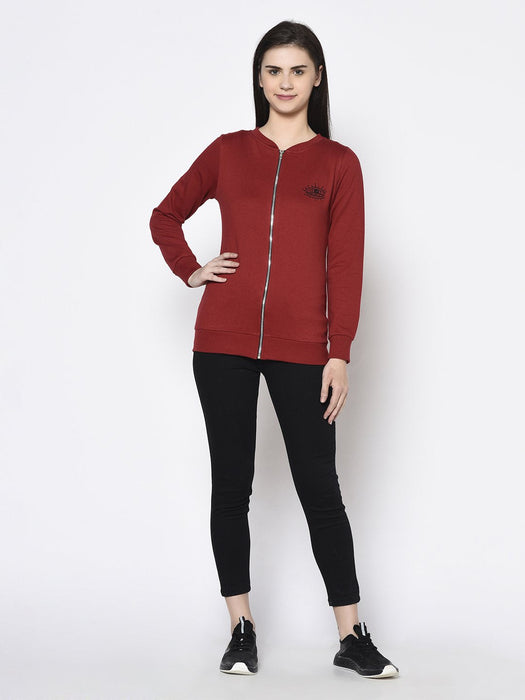 Maroon Stand Collar Full Sleeve Zip-up Fleece Bomber Jacket