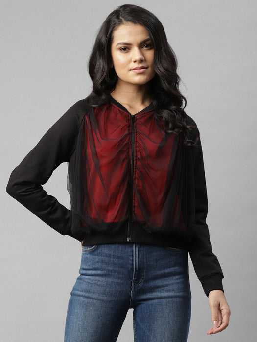 Black Maroon Net Layering Bomber Jacket