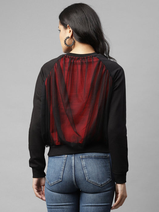 Black Maroon Net Layering Bomber Jacket