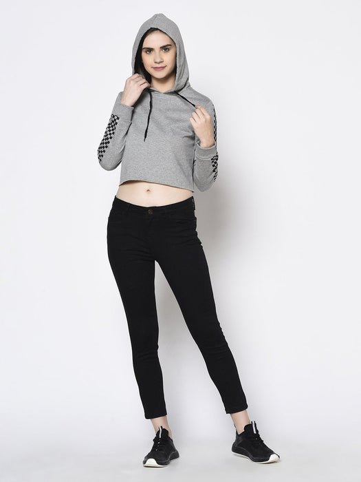 Grey Hooded with Printed Sleeve Fleece Crop Sweatshirt