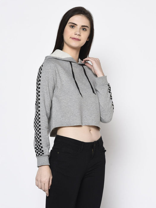 Grey Hooded with Printed Sleeve Fleece Crop Sweatshirt