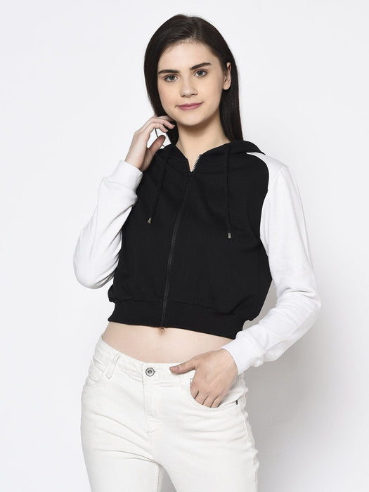 Black White Raglan Hooded Fleece Crop Jacket