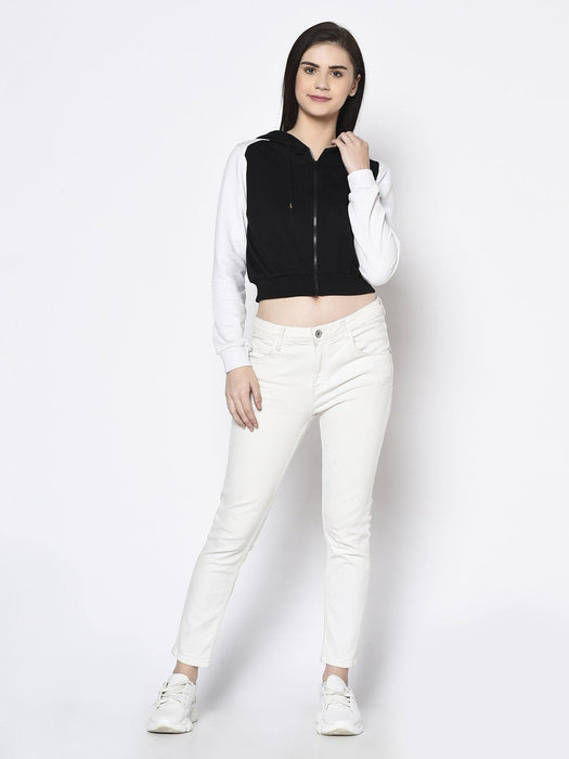 Black White Raglan Hooded Fleece Crop Jacket