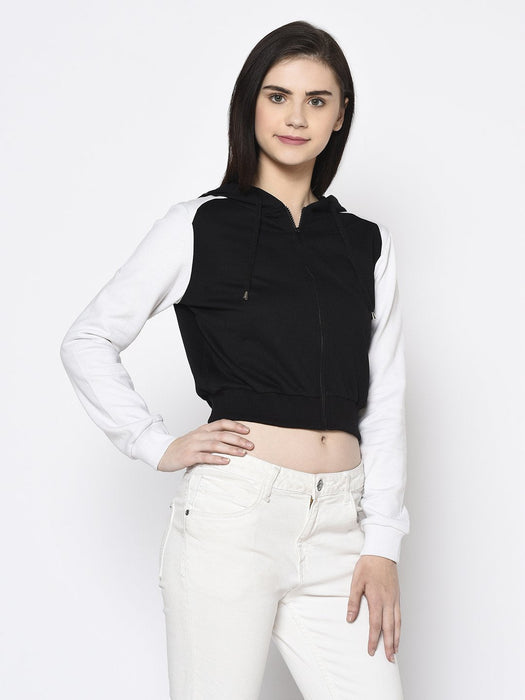 Black White Raglan Hooded Fleece Crop Jacket