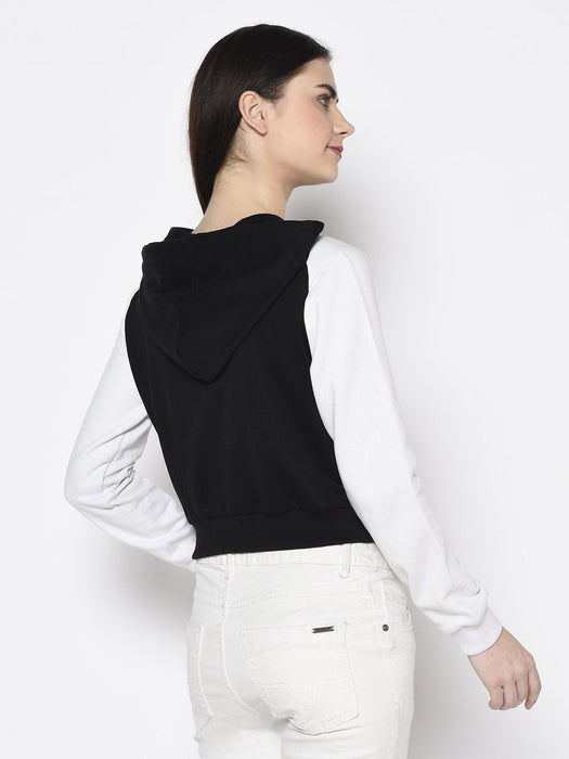 Black White Raglan Hooded Fleece Crop Jacket