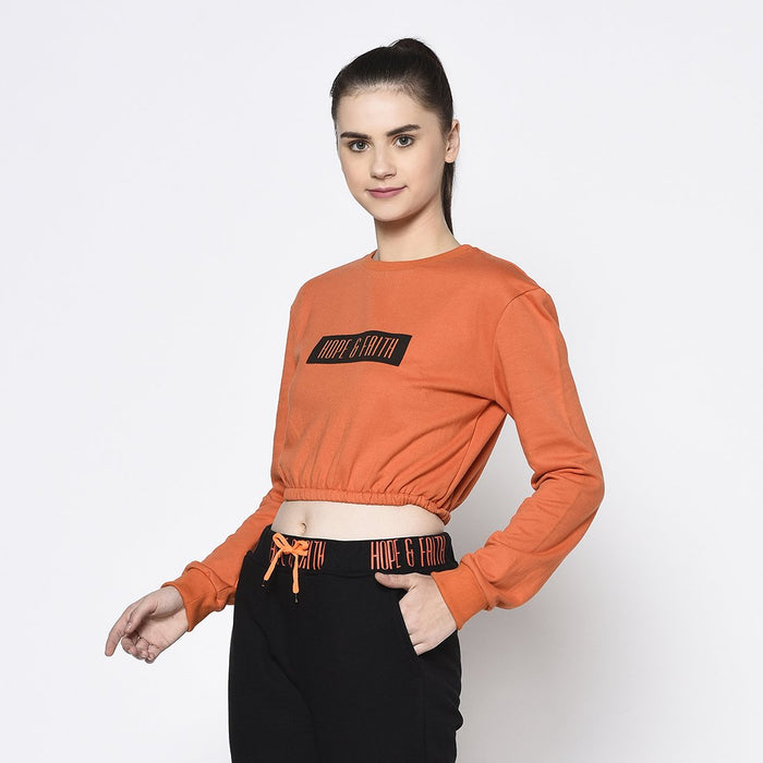 Round Neck Printed Crop Fleece Sweatshirt