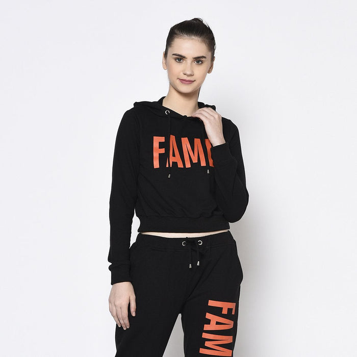 Black Hooded Printed Crop Terry Sweatshirt