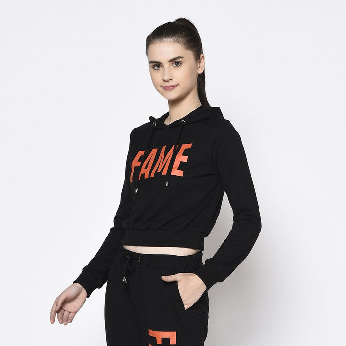 Black Hooded Printed Crop Terry Sweatshirt