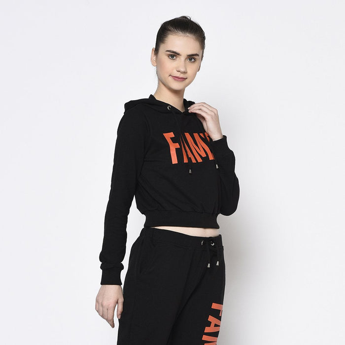 Black Hooded Printed Crop Terry Sweatshirt