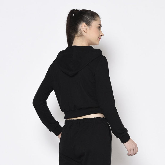 Black Hooded Printed Crop Terry Sweatshirt