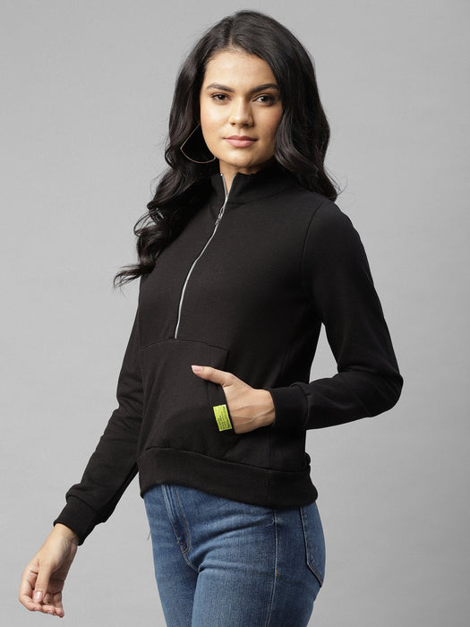 Black Zip-Up Stand Collar With Kangaroo Pocket Fleece Sweatshirt