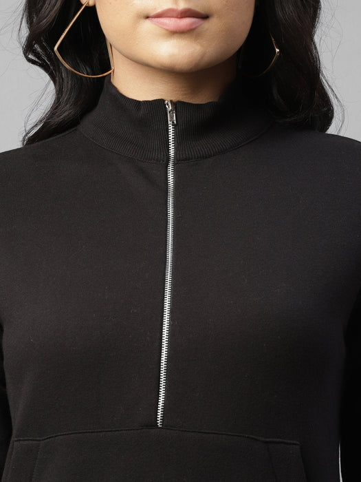 Black Zip-Up Stand Collar With Kangaroo Pocket Fleece Sweatshirt