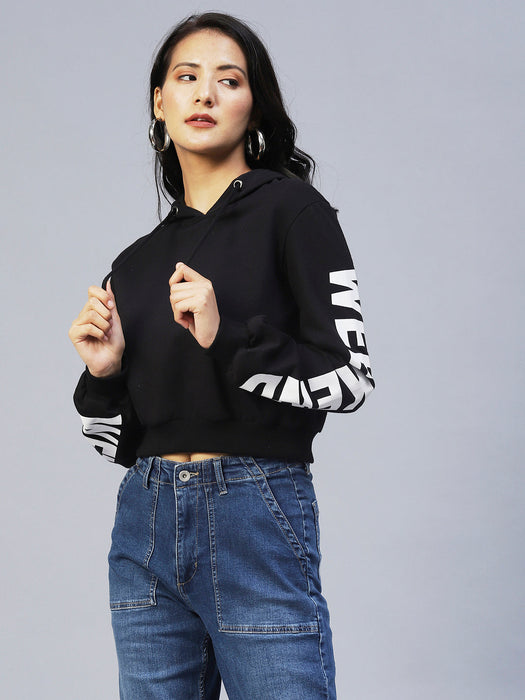 Hooded Printed Sleeves Fleece Sweatshirt