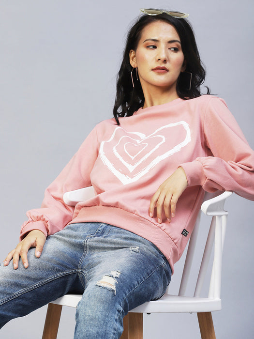 Heart Print Peasant Sleeve Fleece Sweatshirt