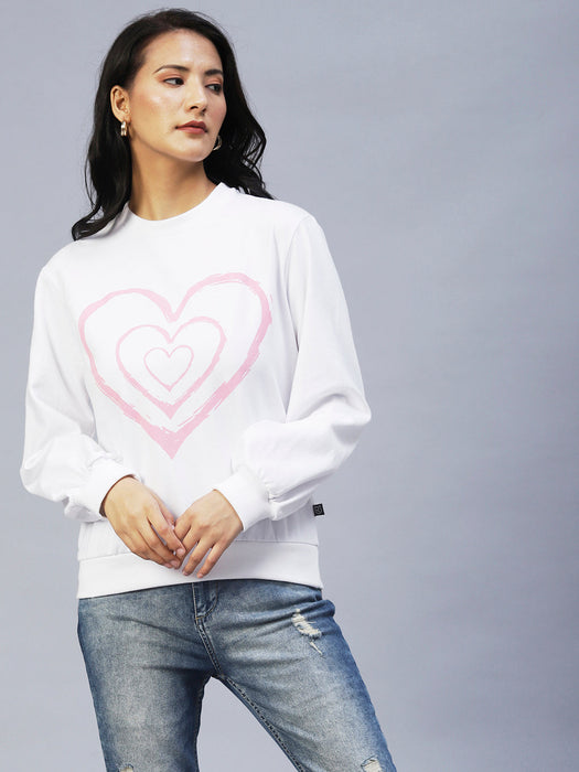 Heart Print Peasant Sleeve Fleece Sweatshirt