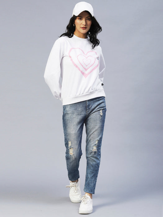 Heart Print Peasant Sleeve Fleece Sweatshirt