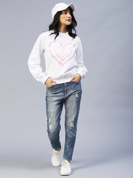 Heart Print Peasant Sleeve Fleece Sweatshirt