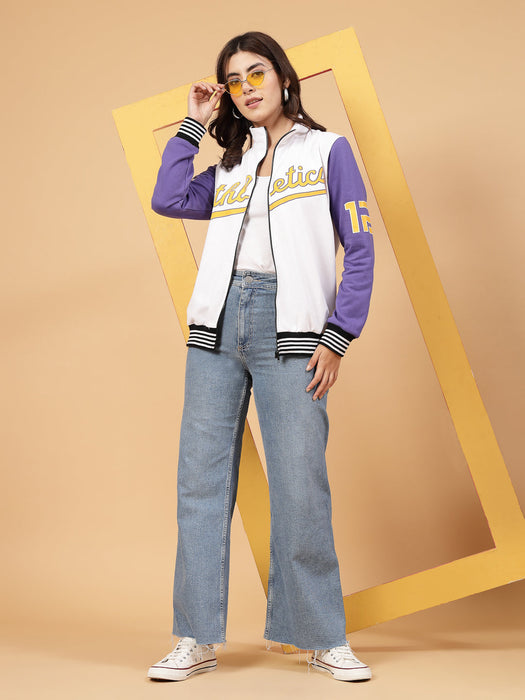 Women Athletic Puff Printed Varsity Jacket