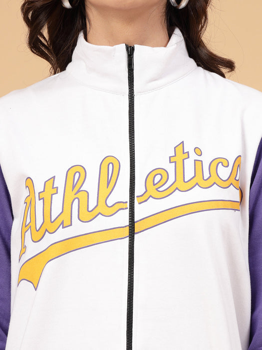 Women Athletic Puff Printed Varsity Jacket