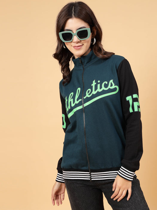 Women Athletic Puff Printed Varsity Jacket