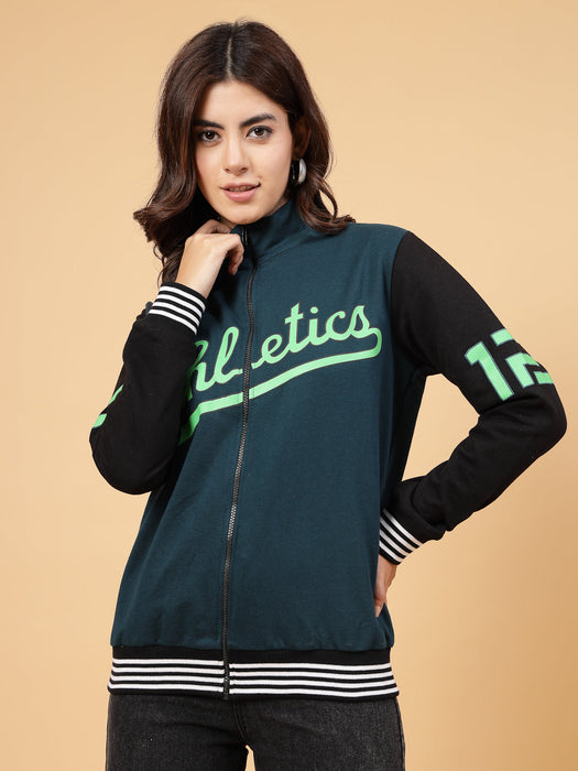 Women Athletic Puff Printed Varsity Jacket