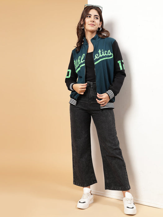 Women Athletic Puff Printed Varsity Jacket