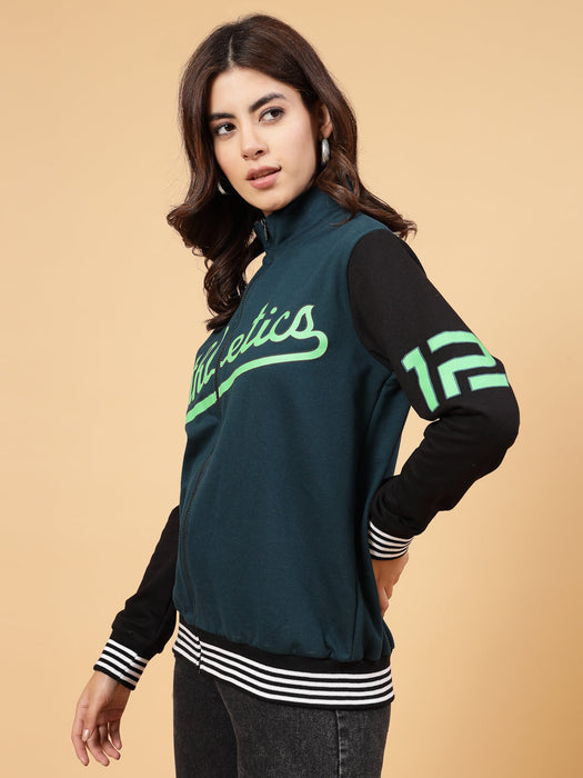 Women Athletic Puff Printed Varsity Jacket