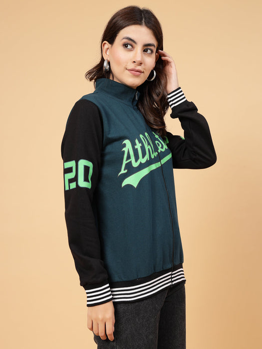 Women Athletic Puff Printed Varsity Jacket