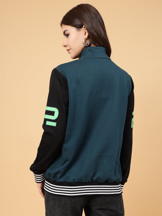 Women Athletic Puff Printed Varsity Jacket