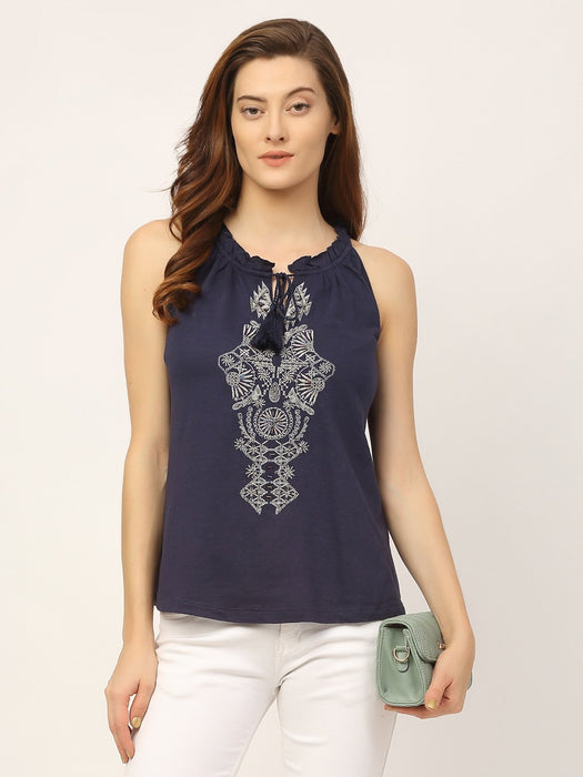 Navy Embroidered Tie-Up Neck Sleeveless Top